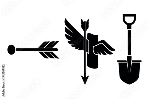 Symbolic emblem with arrow winged arrow and shovel