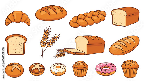 Comprehensive bakery product collection including assorted bread loaves, croissants, muffins, donuts, and wheat stalks for cafe menus.