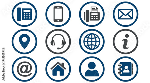 Communication icons collection, phone, email, location, support headset, internet globe, contact symbols, address book, user silhouette, connectivity design.