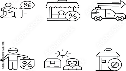 Black and white line icons depicting various discount and delivery concepts isolated on transparent background