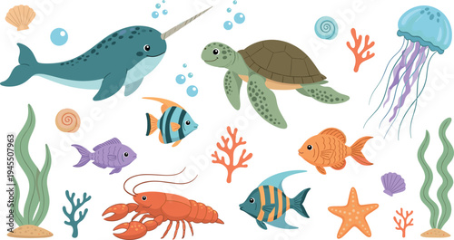 Cute ocean animals cartoon set with narwhal turtle jellyfish lobster fish starfish coral underwater vector illustration collection