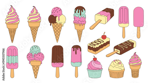 Colorful frozen dessert variety pack with various ice cream cones, bars, cupcakes, and popsicles for summer treat advertisements.