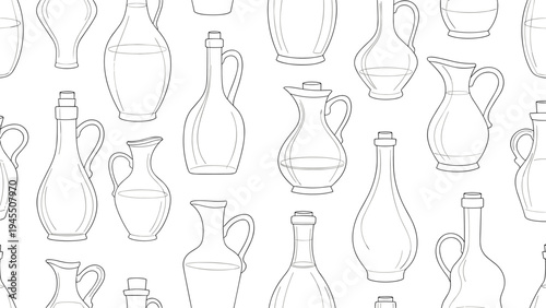 Elegant glass decanters and oil bottles in various shapes and sizes for a seamless kitchen glassware pattern and culinary design.
