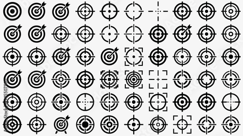 Target icons collection, crosshair designs, concentric circles, precision markers, geometric reticles, shooting sports, video game aim, accuracy, focus, symmetry.