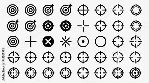 Target icons collection, crosshair designs, concentric circles, precision markers, geometric reticles, shooting sports, video game aim, accuracy, focus, symmetry.