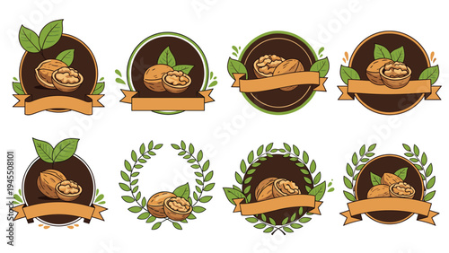Walnut product label collection featuring whole and shelled nuts with green leaves, wreaths, and ribbons for organic food brand designs.