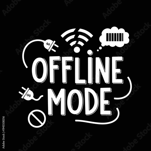 Offline Mode Creative Typography Design with Disconnected Icons.