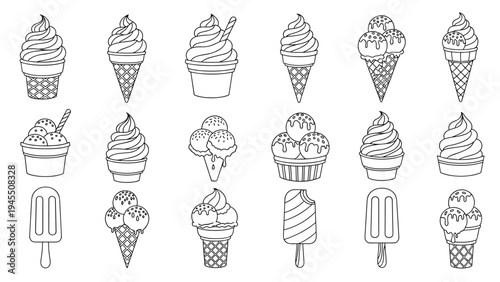Black and white ice cream shop icons featuring cones, bowls, and bars for a coloring book style dessert menu and summer treat branding.