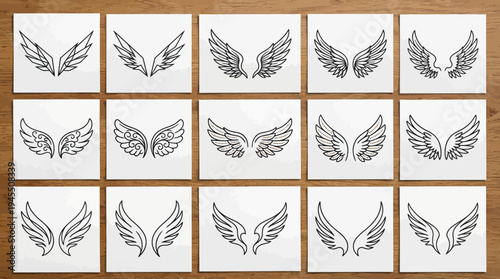 Elegant stylized wings collection, diverse feather patterns, abstract and ornate designs, symbolic art inspiration, tattoo, fantasy, freedom, flight, creativity.