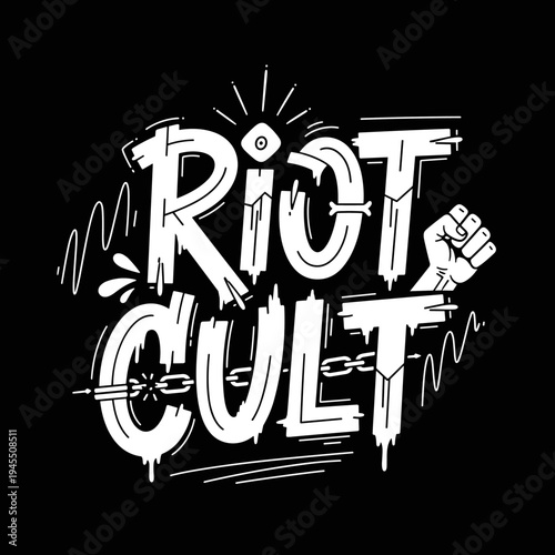 Riot Cult Text Design with Fist and Eye Symbol.