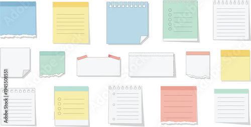 Colorful sticky notes and paper sheets arranged in rows on a surface