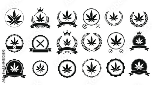 Cannabis leaf logo collection with wreaths, crowns, and circular frames for medical marijuana dispensary and CBD product brand identities.