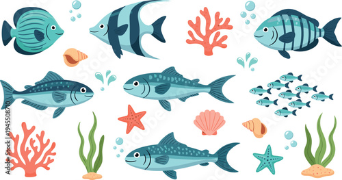 Cute ocean fish cartoon character set with coral reef starfish seashell seaweed bubbles underwater marine life vector illustration