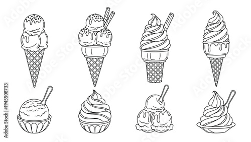 Detailed sketches of frozen dessert favorites including ice cream cones and bowls for ice cream parlor menus and summer snack icons.
