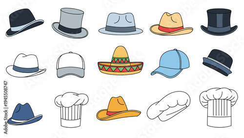 Diverse headwear collection featuring various hat styles like fedoras, top hats, sombreros, cowboy hats, and chef hats for fashion themes.