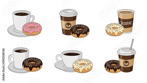 Coffee and pastry pairing set with ceramic mugs, takeaway cups, and delicious donuts for cafe breakfast menu and morning snack promotions.