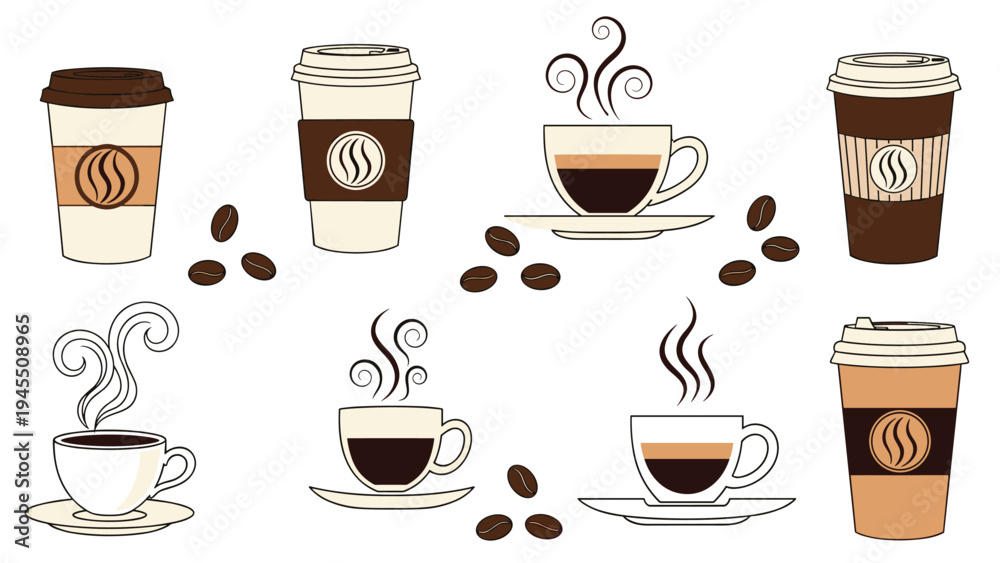 Obraz premium Assorted coffee illustrations featuring takeaway cups, mugs with steam, and roasted coffee beans scattered on a clean white background.
