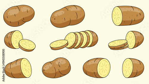 Various potato shapes including whole brown tubers, halved potatoes, and several sliced pieces arranged on a light cream colored background.