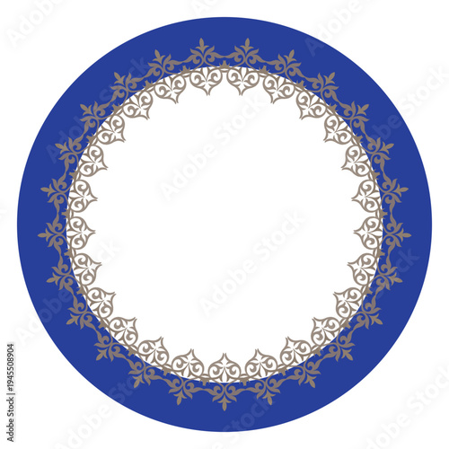 Vintage round frame arabesque in Victorian style. Oriental porcelain plate with golden blue pattern. Pattern frame for round ceramic, textile, embroidery.