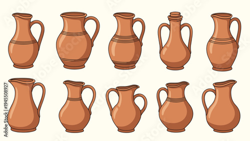 Collection of traditional brown ceramic jugs and pitchers in different shapes and styles with handles shown on a light yellow background.