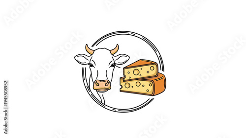 Graphic logo design featuring a white cow head profile next to stacked wedges of yellow cheese with holes on a white background.