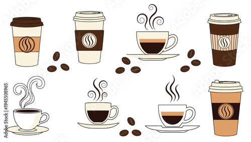 Assorted coffee illustrations featuring takeaway cups, mugs with steam, and roasted coffee beans scattered on a clean white background.