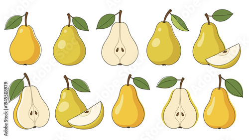 Illustrations of fresh yellow pears with green leaves including whole fruit, halved sections, and small wedges on a white background.