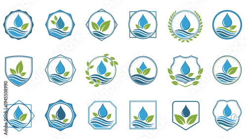 Collection of blue water drop emblems and green leaf designs in various geometric frames and wreaths for environmental and purity themes.
