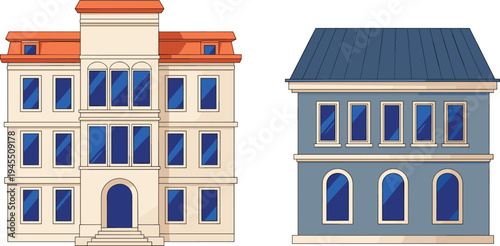 oof and a modern blue office building with arched windows isolated