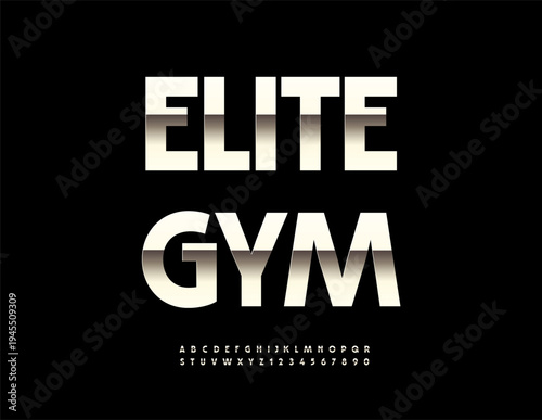 Vector Iron icon Elite Gym. Reflective Metallic Font. Modern Steel Alphabet Letters and Numbers set. 