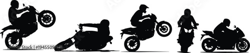 Motorcycle rider silhouettes collection featuring sport bike racing and wheelie stunt actions, motorbike vector illustration set isolated on white background
