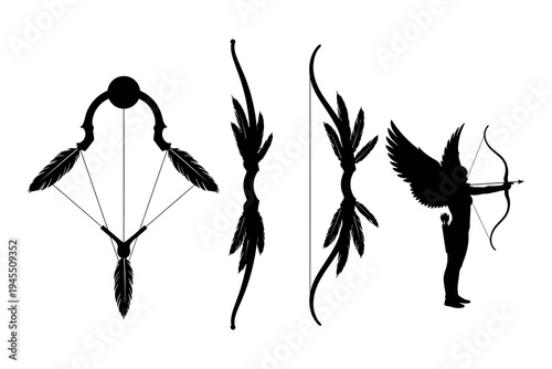 Archery silhouette illustrations with bow and arrows on a white background