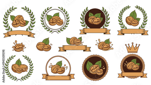 Collection of walnut product labels featuring laurel wreaths, ribbons, crowns, and detailed nut illustrations on a white background.