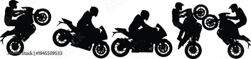 Motorcycle stunt rider silhouettes collection featuring sport bike wheelie tricks and racing poses, extreme motorbike vector illustration set isolated on white background