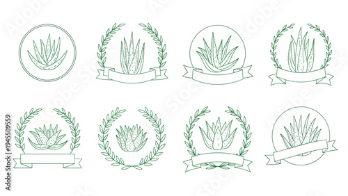 Collection of minimalist aloe vera logos featuring green succulent leaves, laurel wreaths, and blank banners on a white background.