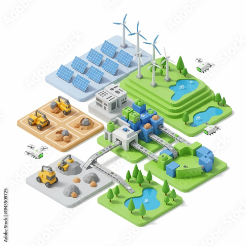 Isometric representation of a sustainable energy ecosystem with solar panels wind turbines and resource extraction.