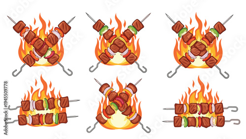 Meat and vegetable skewers being grilled over intense orange and yellow flames are presented in a series of colorful graphics.