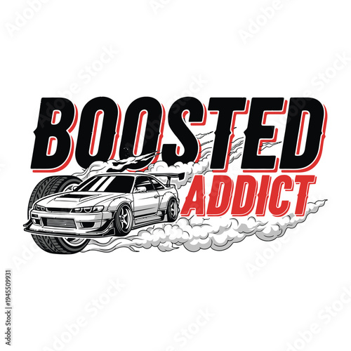 Boosted Addict logo with a car and smoke tshirt design