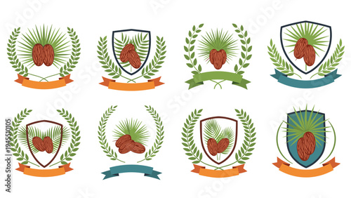 Date fruit logo set featuring palm leaves shields and ribbons for organic desert harvest products and agriculture branding.