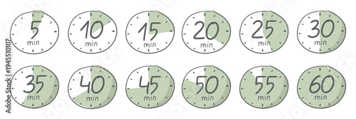 Stopwatch icons Timer clock Countdown hand drawn illustration Cartoon Label cooking time. Vector set for planning