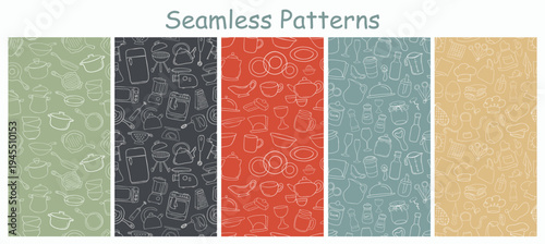 Seamless kitchen patterns with line art cooking utensils, cookware, tableware and appliances in muted colors repeatable background for packaging, textiles and digital design.