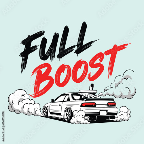 A white sports car speeding with full boost and smoke trailing behind tshirt design