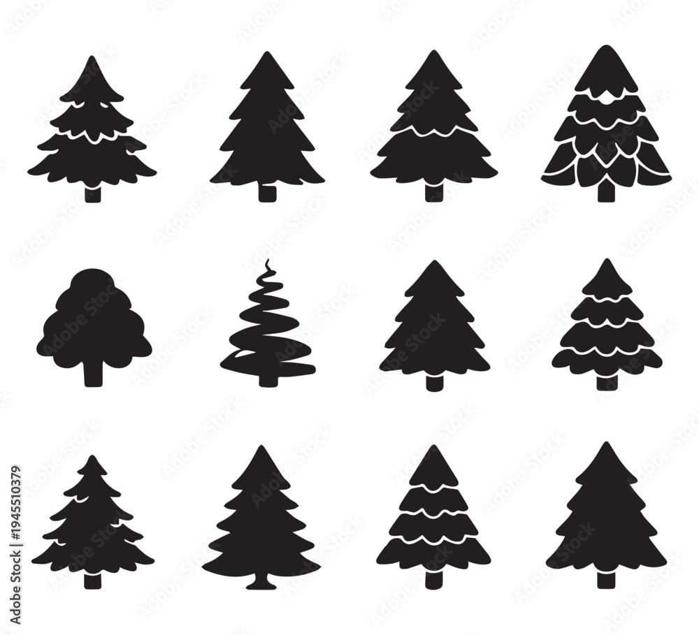 Obraz premium Set of black christmas tree icons on white background. Vector illustration. Holiday icons. Vector illustration