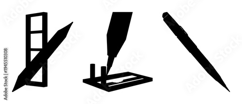 3D pen set with solid black silhouette design featuring innovative tool, additive manufacturing, rapid prototyping with modern technology and engineering