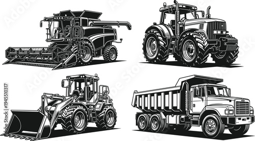 Heavy construction and agricultural machinery illustration set featuring tractor, combine harvester, wheel loader and dump truck detailed vector line art isolated on white 