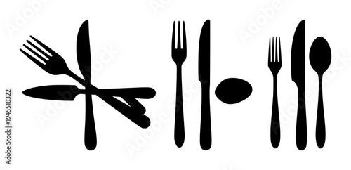 Utensils set with solid black silhouettes of fork, knife, spoon arranged vertically featuring minimalistic, line art, icons with flat design and 2D graphics