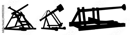 Trebuchet set with solid black silhouette and flat 2D vector detail featuring medieval siege engine, black outline, medieval artillery with silhouette and white background