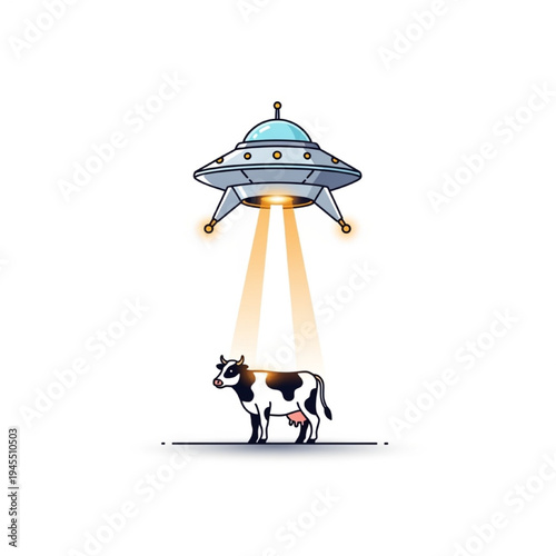 Flying Saucer Abduction Vector Illustration, Cow Beamed Up with Tractor Beam, Minimalist Sci-Fi Flat Design