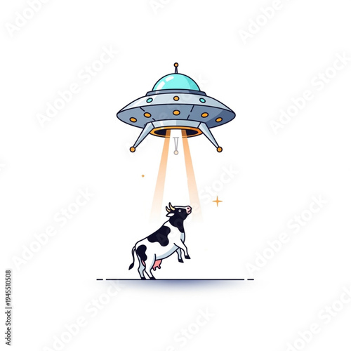 Flying Saucer Abduction Vector Illustration, Cow Beamed Up with Tractor Beam, Minimalist Sci-Fi Flat Design