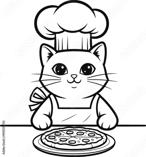 Colour book cat chef making pizza fun illustration